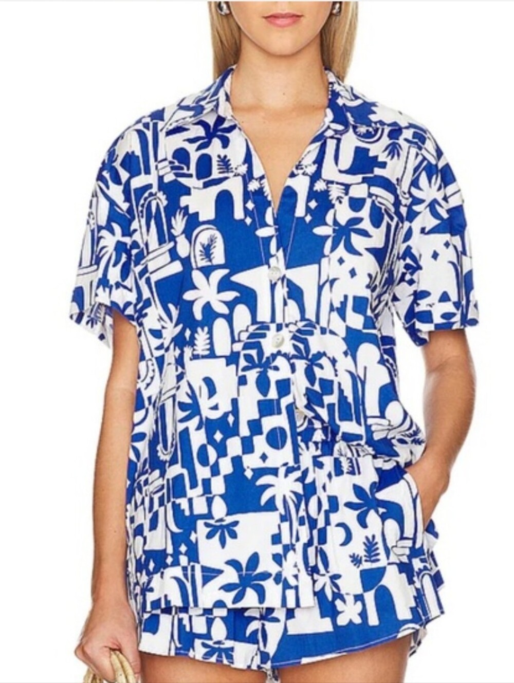 Show Me Your MuMu Womens Cotton Parker   Blue White Printed Button-Down Shirt XL